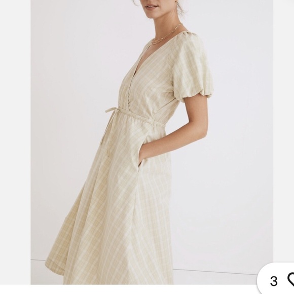 MADEWELL Green Cream Plaid Gingham Tie Waist Midi Dress Puff Sleeve V Neck M - Picture 4 of 11